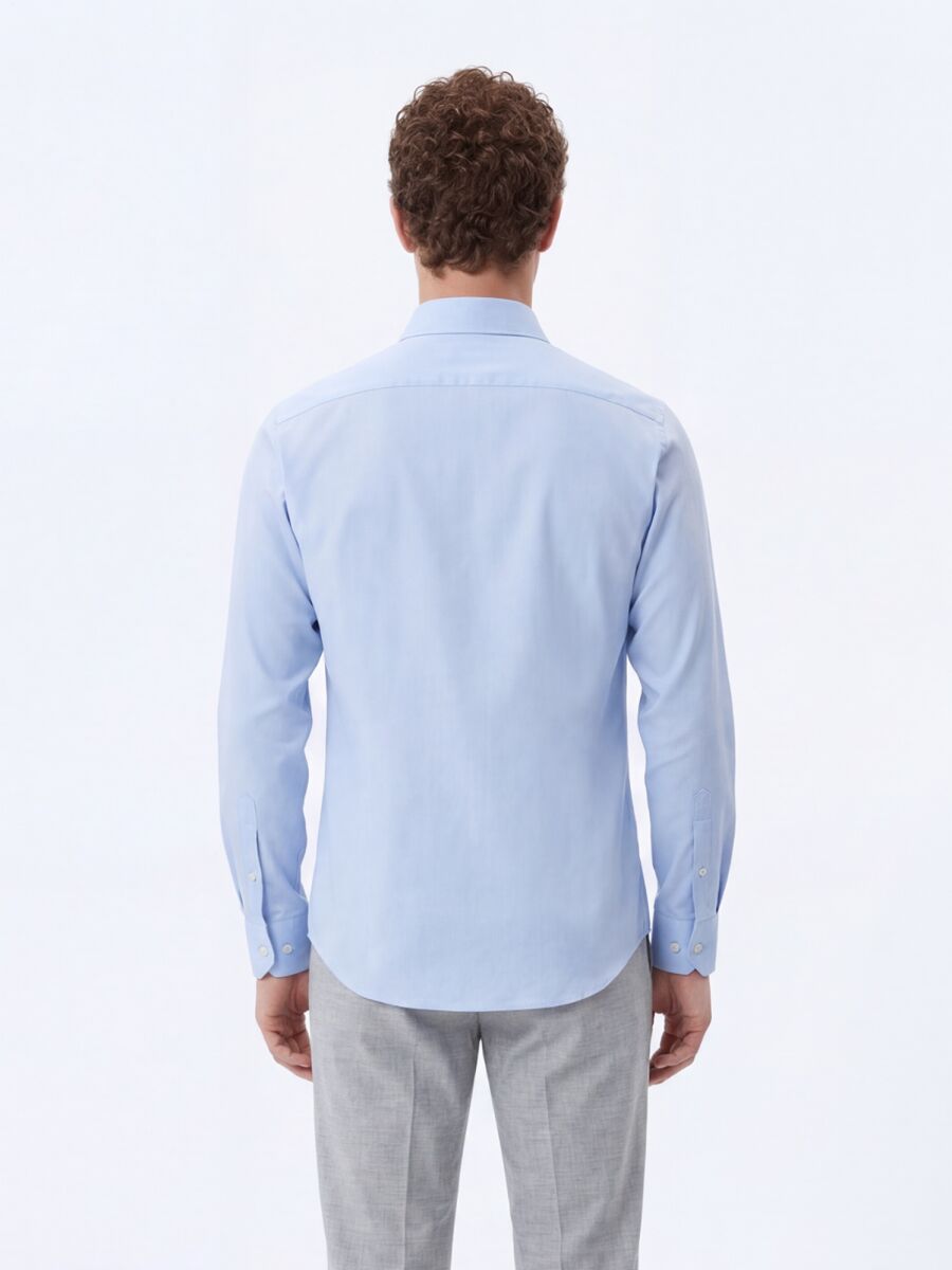 Light Blue Plain Regular Fit Long Weaving Classical Cotton Blended Shirt - 5