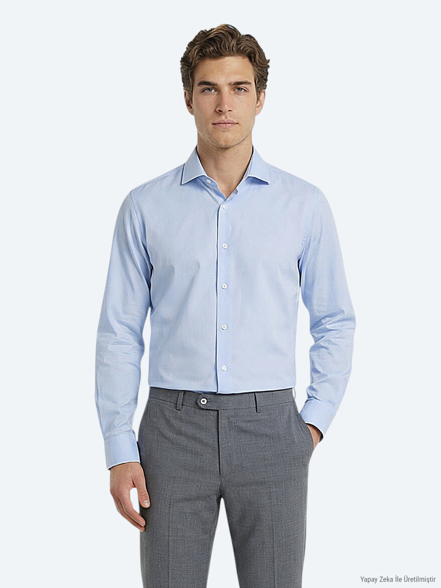 Light Blue Plain Regular Fit Long Weaving Classical Cotton Blended Shirt - KİP
