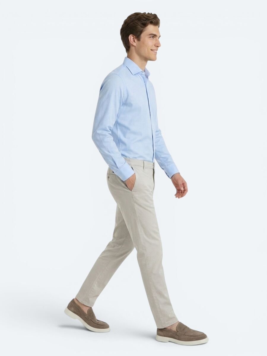 Light Blue Plain Regular Fit Long Weaving Classical Cotton Blended Shirt - 4