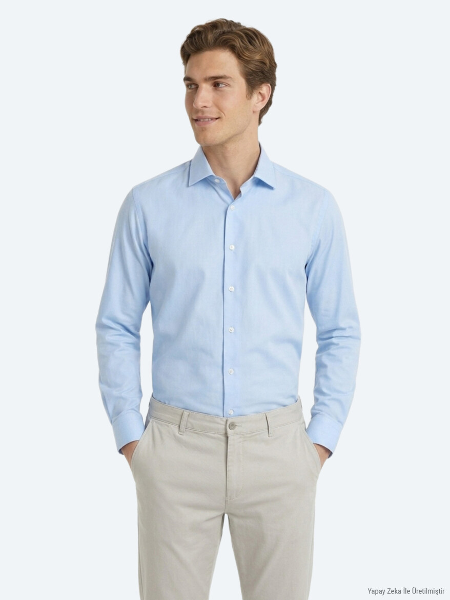 Light Blue Plain Regular Fit Long Weaving Classical Cotton Blended Shirt - 1