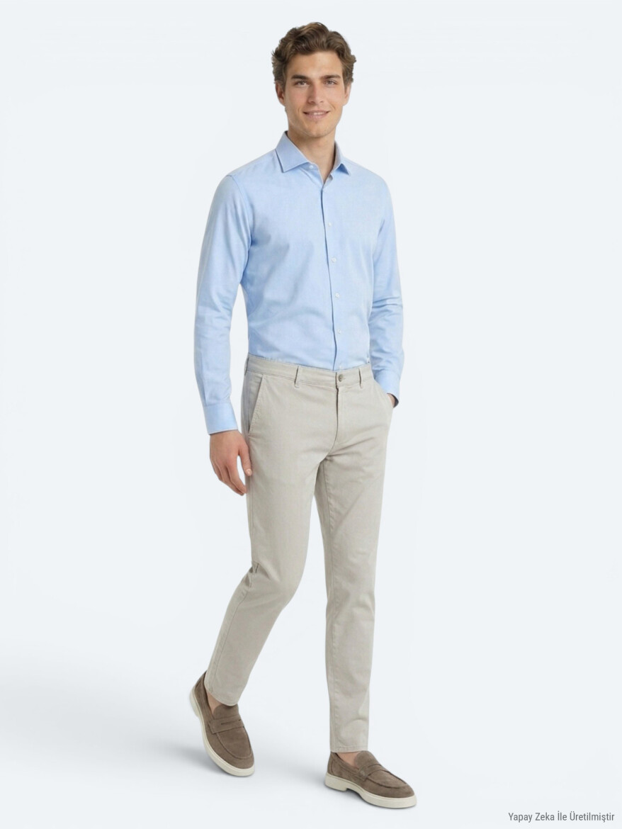 Light Blue Plain Regular Fit Long Weaving Classical Cotton Blended Shirt - 2
