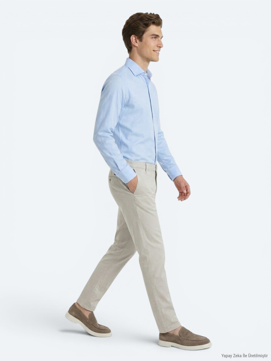 Light Blue Plain Regular Fit Long Weaving Classical Cotton Blended Shirt - 4