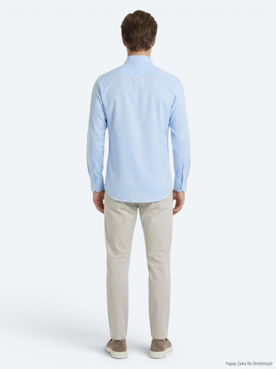 Light Blue Plain Regular Fit Long Weaving Classical Cotton Blended Shirt - 5