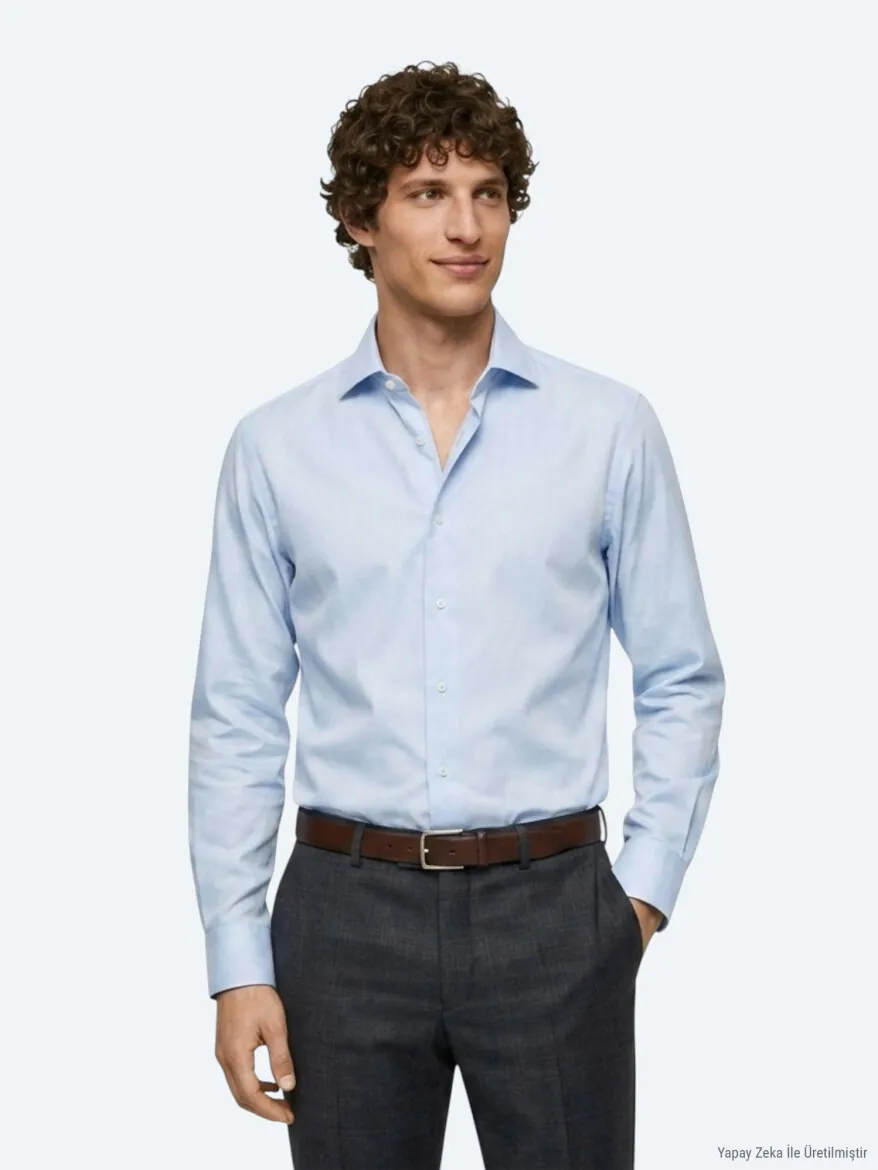 Light Blue Plain Regular Fit Long Weaving Classical Shirt - 5