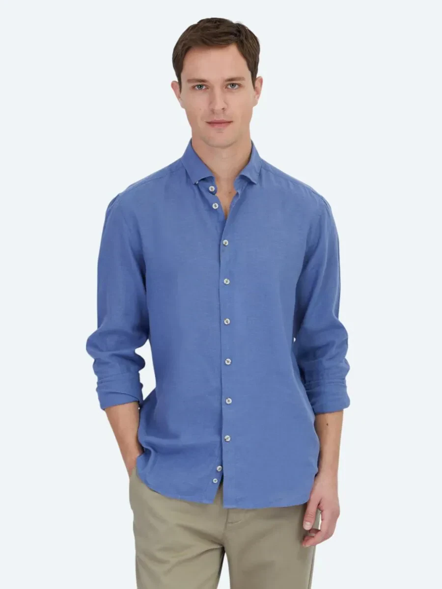 Light Blue Plain Regular Fit Weaving Casual Cotton Blended Shirt - 1