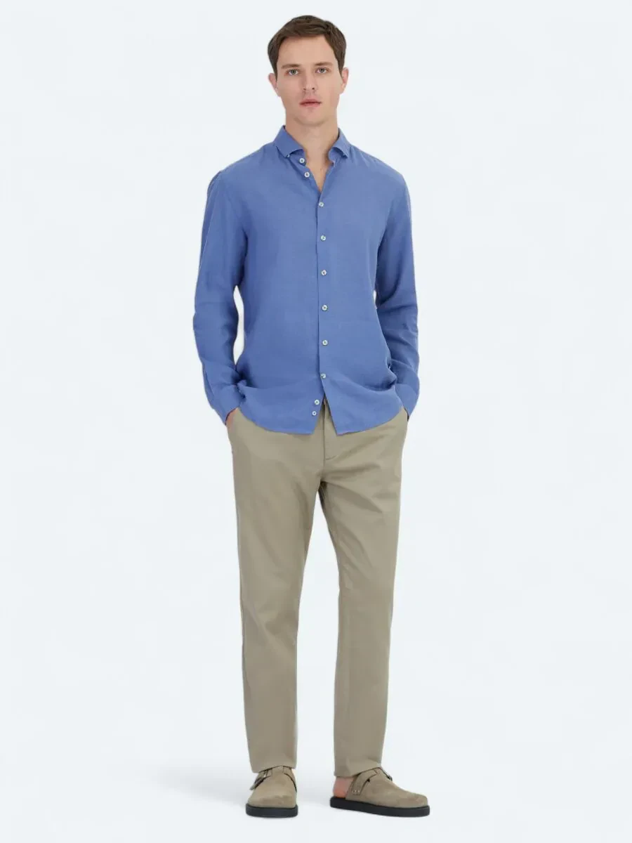 Light Blue Plain Regular Fit Weaving Casual Cotton Blended Shirt - 2