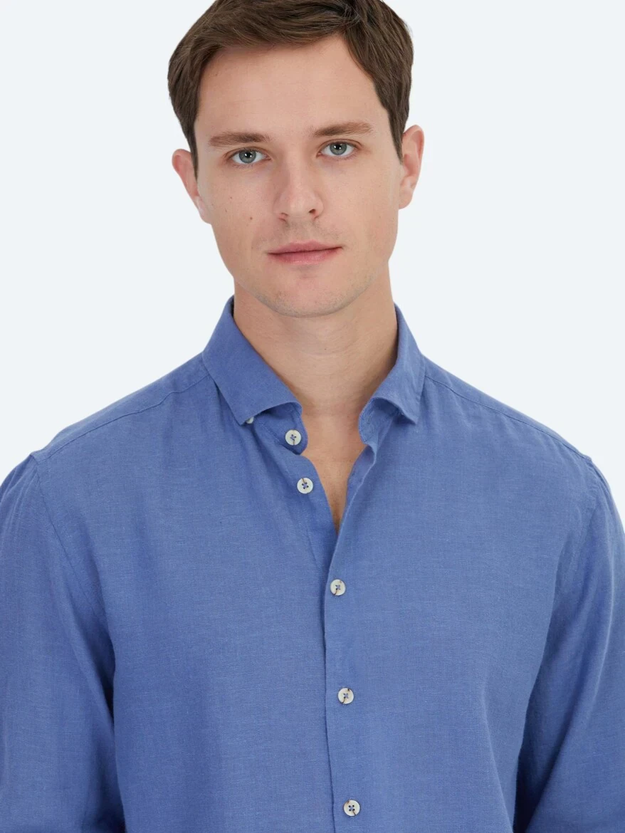 Light Blue Plain Regular Fit Weaving Casual Cotton Blended Shirt - 3