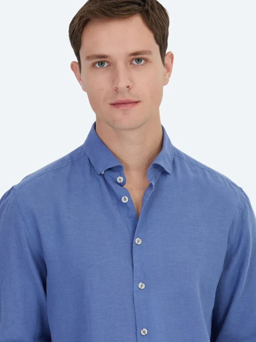 Light Blue Plain Regular Fit Weaving Casual Cotton Blended Shirt - 3