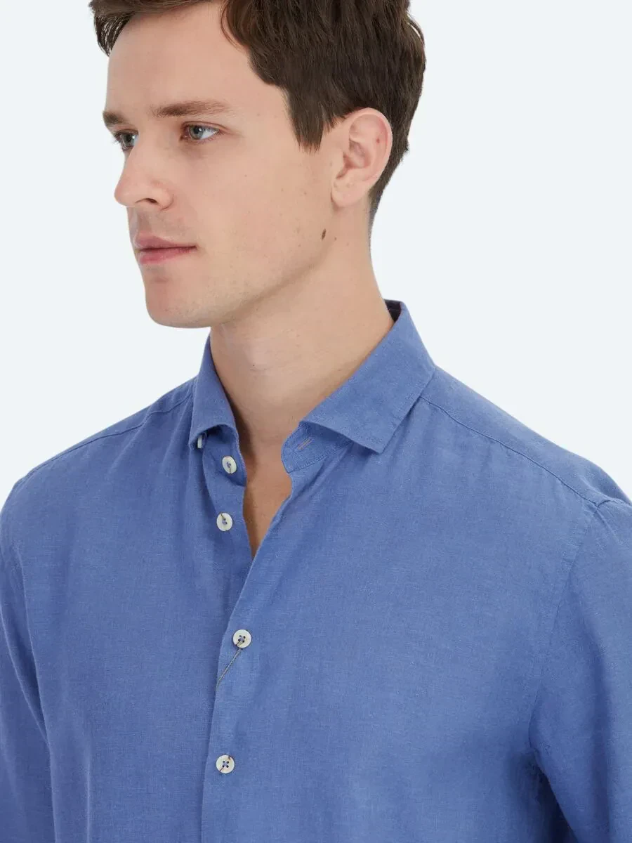 Light Blue Plain Regular Fit Weaving Casual Cotton Blended Shirt - 5