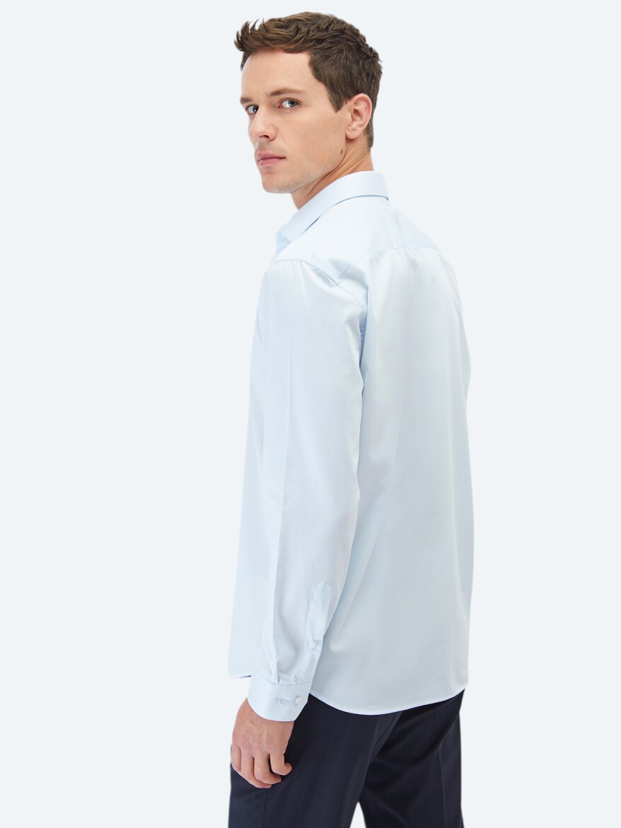 Light Blue Plain Regular Fit Weaving Classical 100% Cotton Shirt - 5