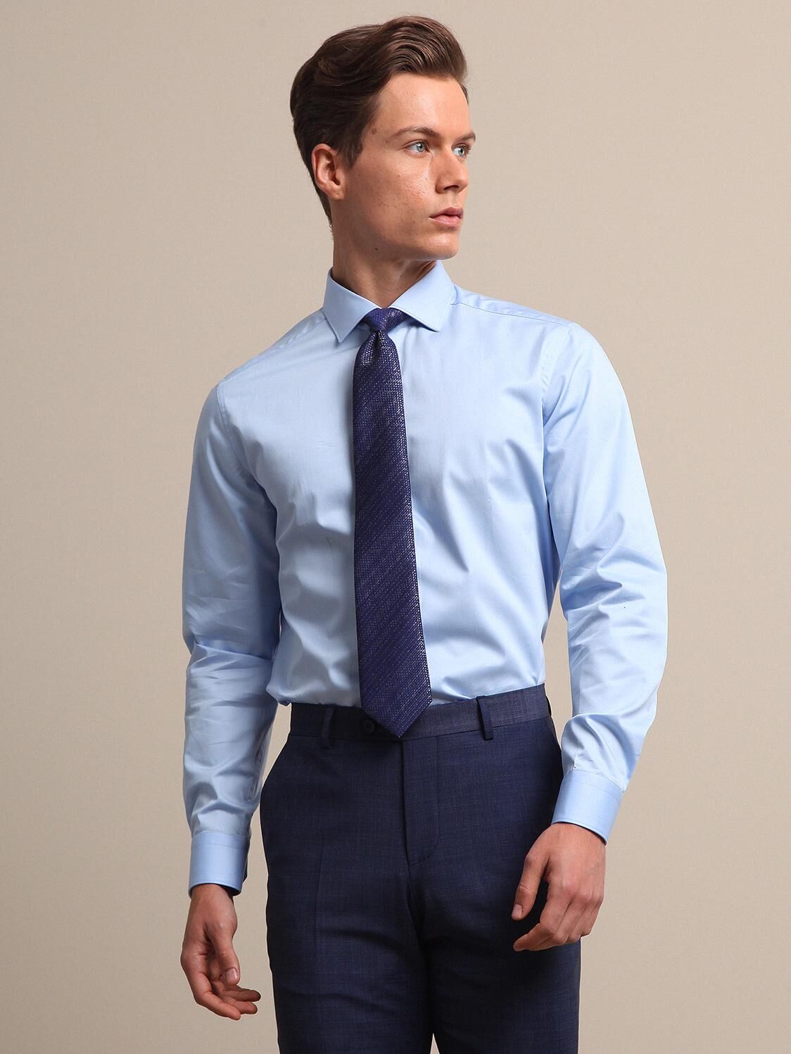 Light Blue Plain Regular Fit Weaving Classical 100% Cotton Shirt - 3