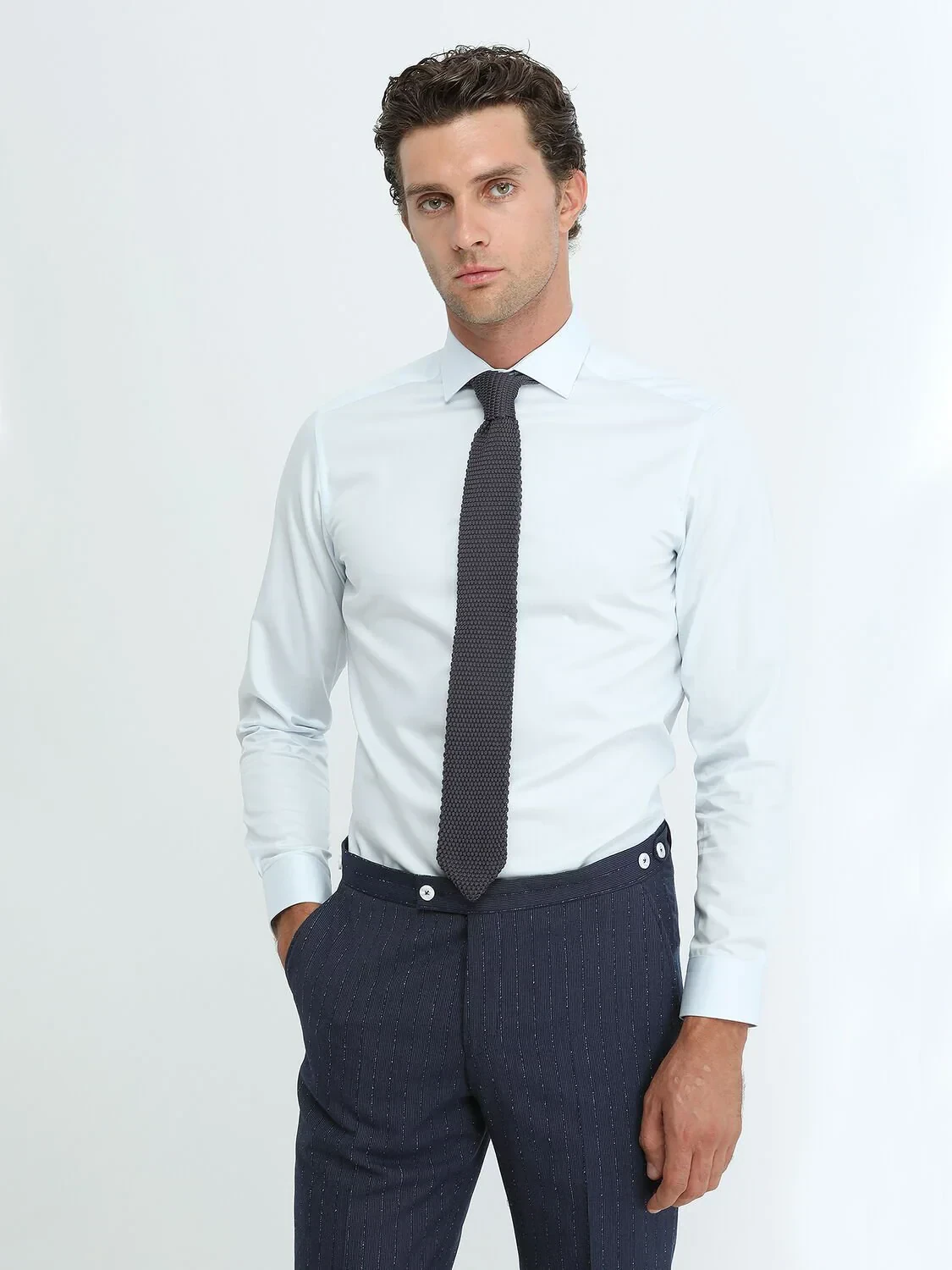Light Blue Plain Regular Fit Weaving Classical 100% Cotton Shirt - 1