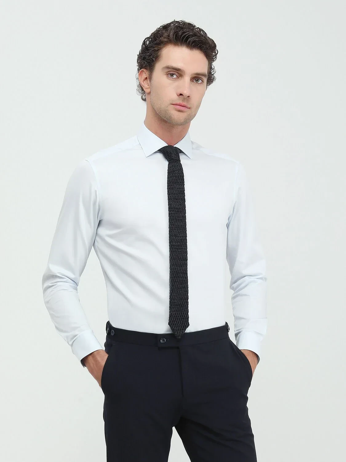 Light Blue Plain Regular Fit Weaving Classical 100% Cotton Shirt - 4