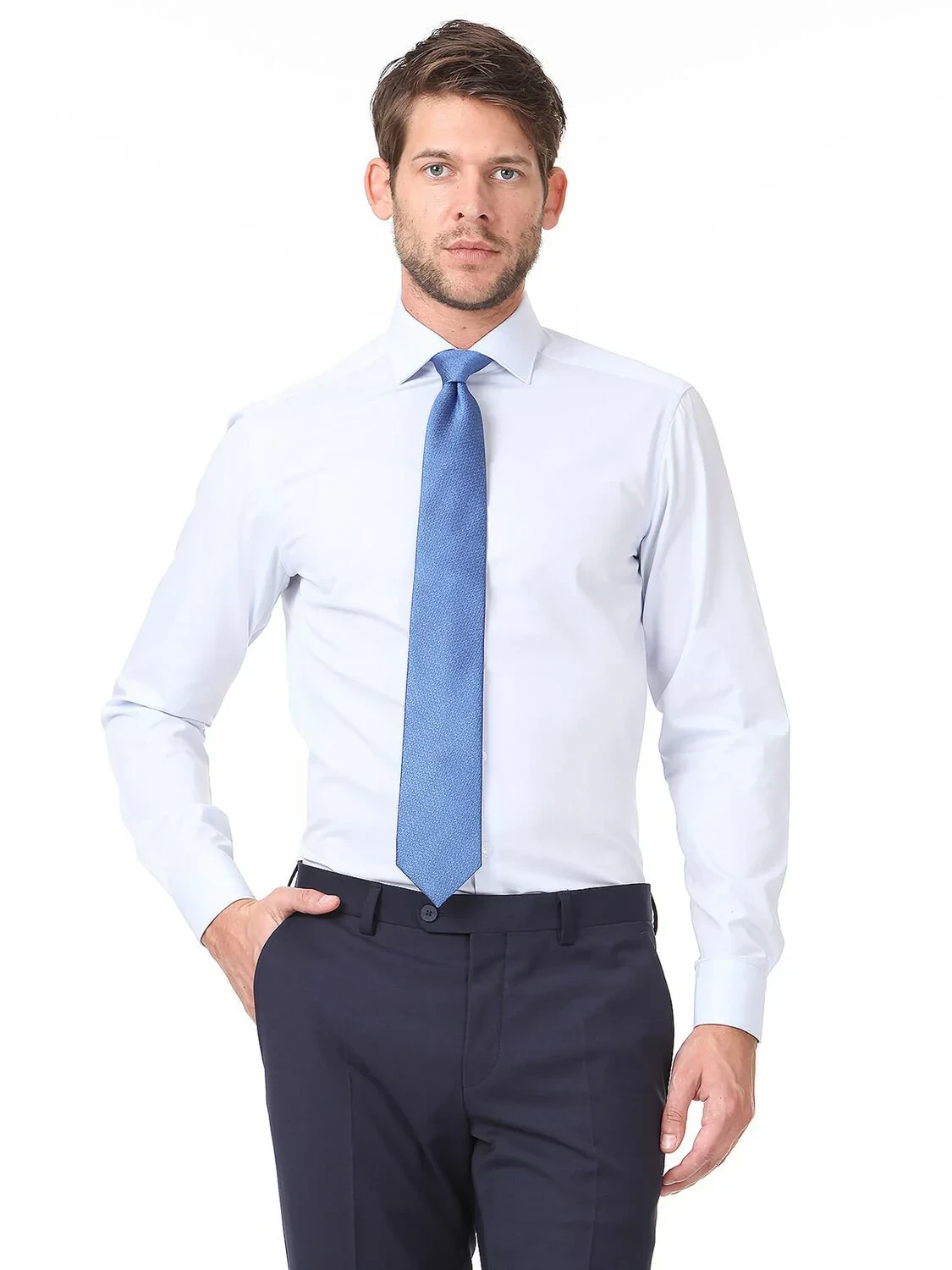Light Blue Plain Regular Fit Weaving Classical Cotton Blended Shirt - 1