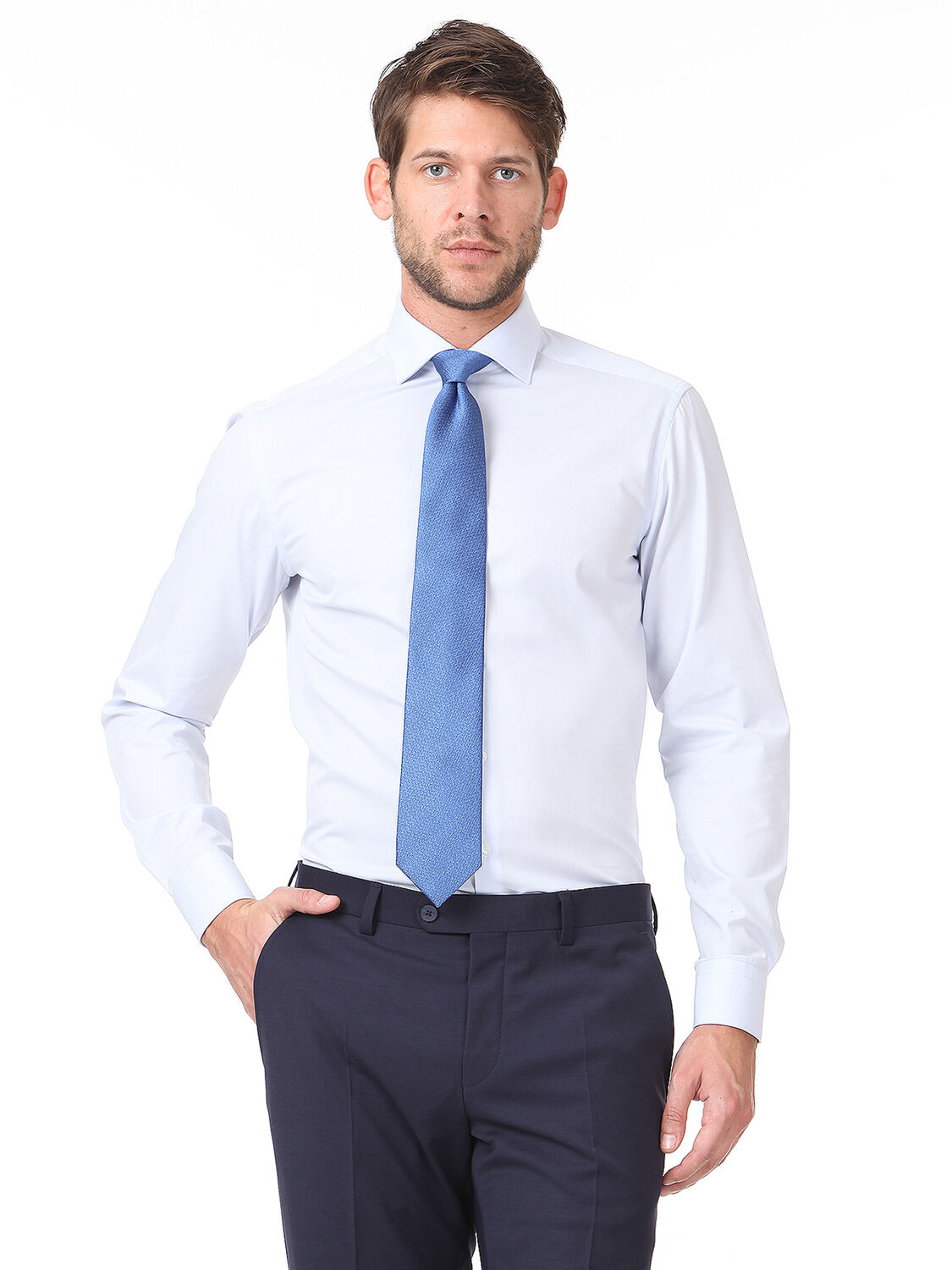 Light Blue Plain Regular Fit Weaving Classical Cotton Blended Shirt - 1