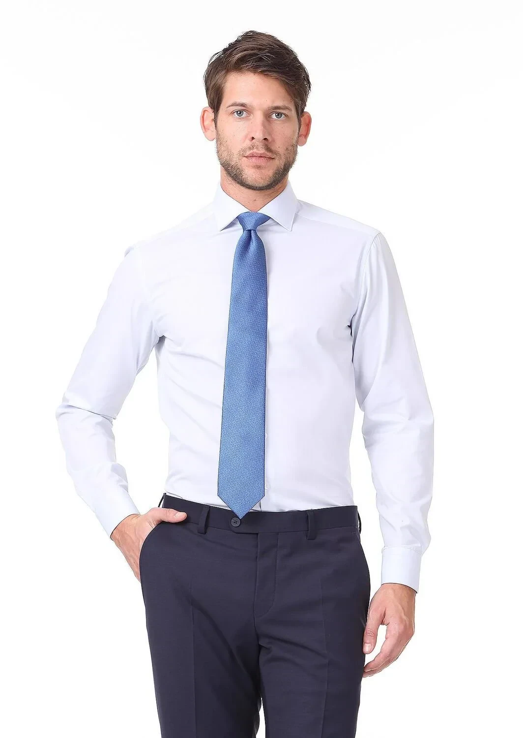 Light Blue Plain Regular Fit Weaving Classical Cotton Blended Shirt - 1