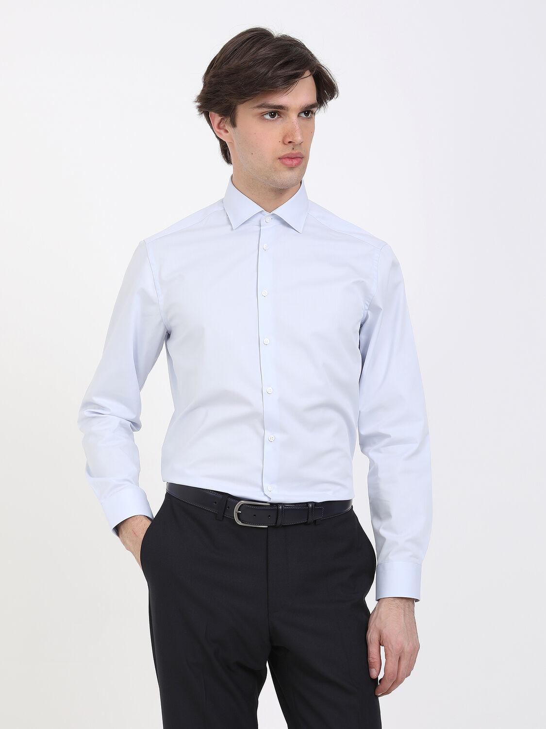 Light Blue Plain Regular Fit Weaving Classical Cotton Blended Shirt - 3