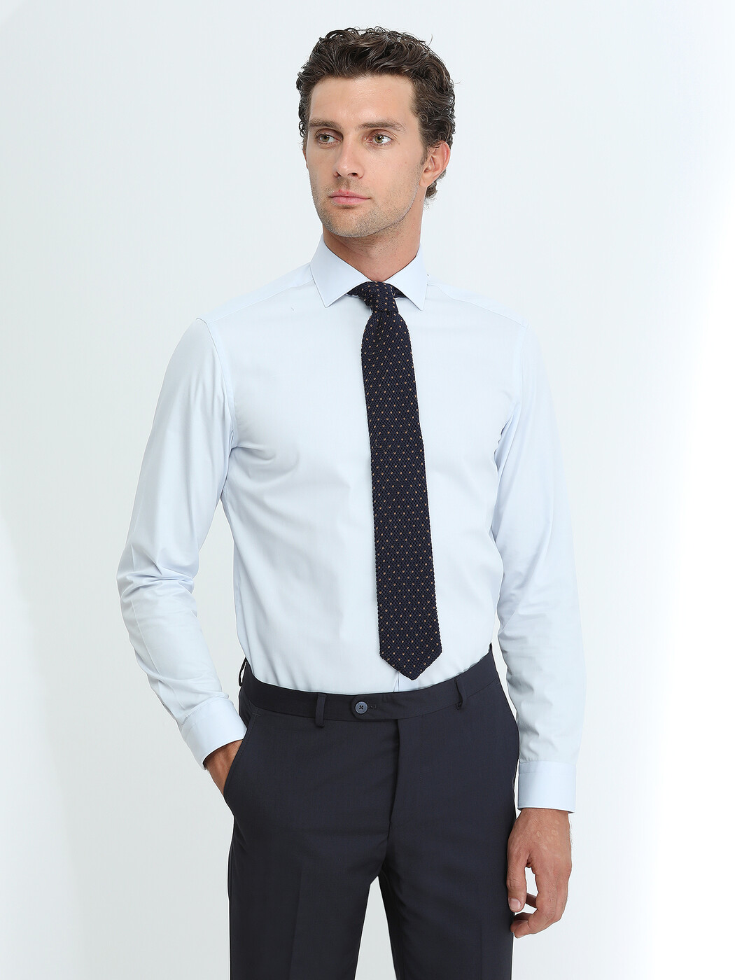 Light Blue Plain Regular Fit Weaving Classical Cotton Blended Shirt - 1