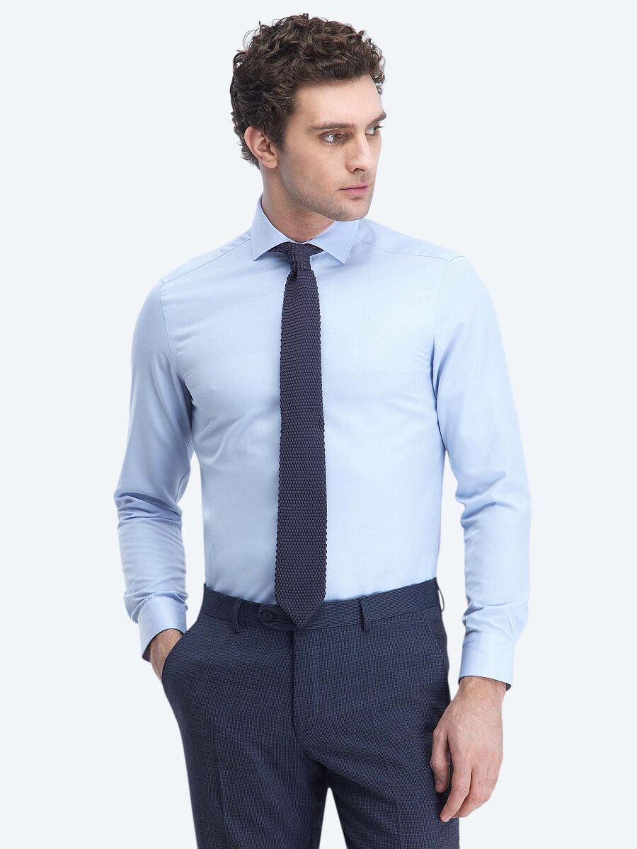 Light Blue Plain Regular Fit Weaving Classical Cotton Blended Shirt - 1