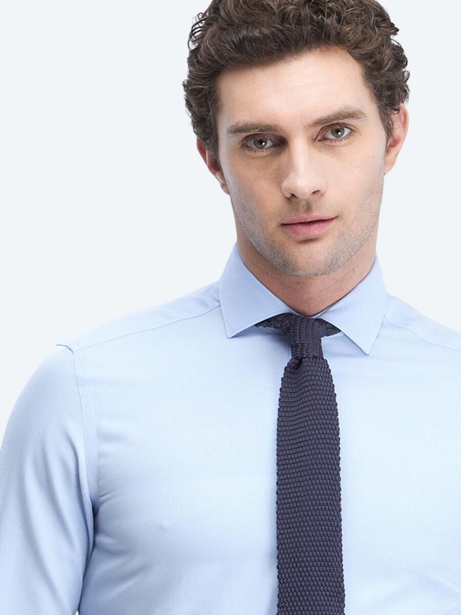 Light Blue Plain Regular Fit Weaving Classical Cotton Blended Shirt - 2