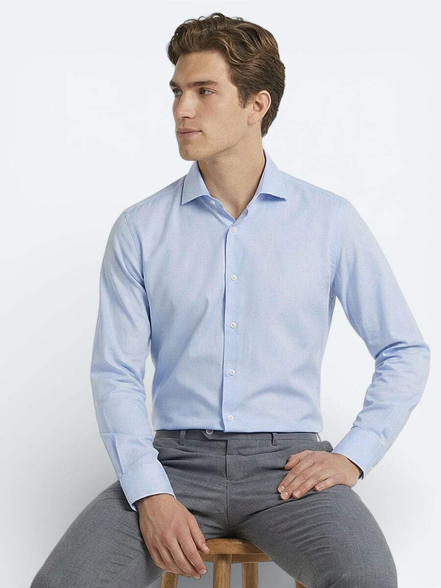 Light Blue Plain Regular Fit Weaving Classical Cotton Blended Shirt - 1