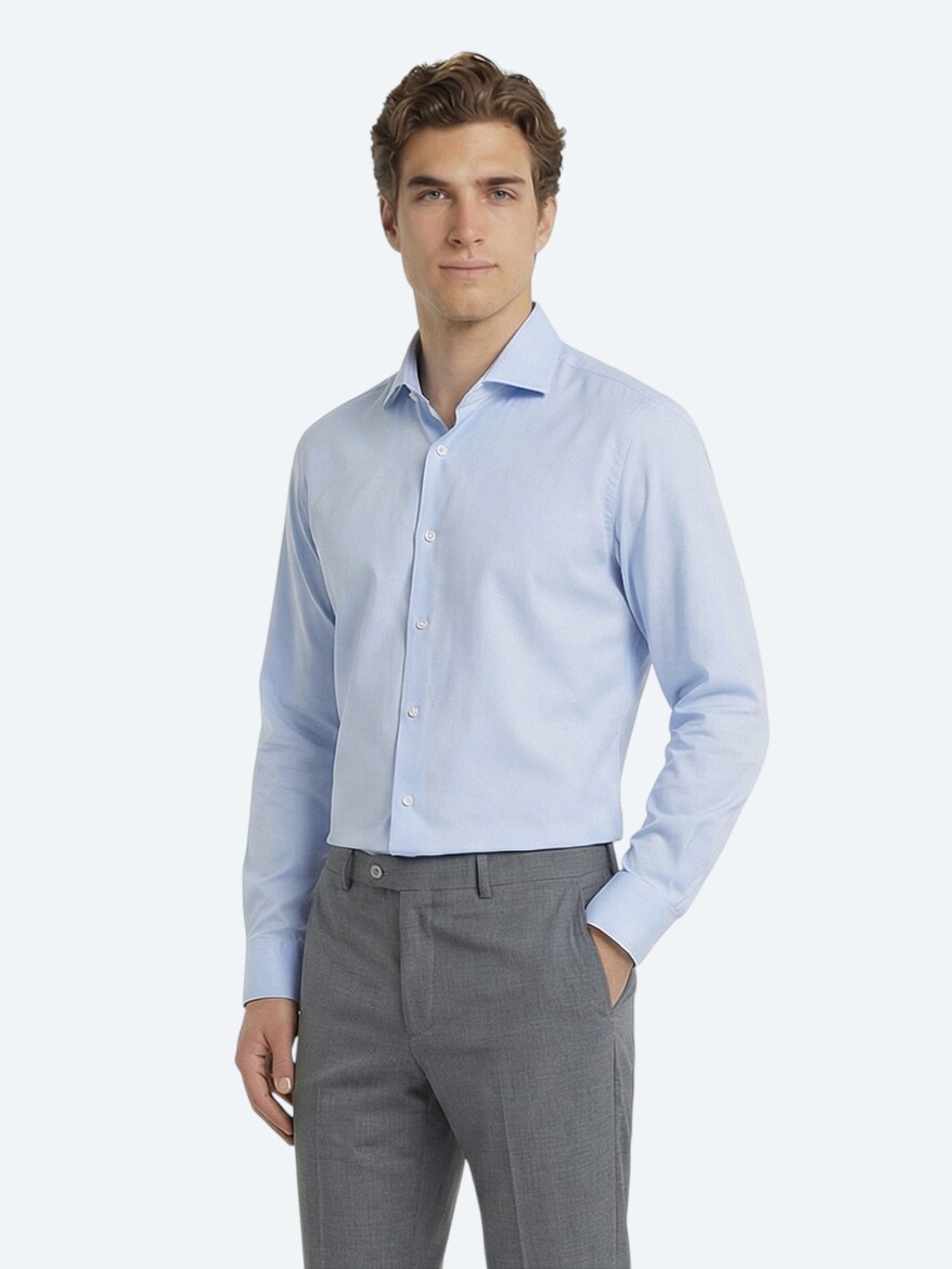 Light Blue Plain Regular Fit Weaving Classical Cotton Blended Shirt - 3