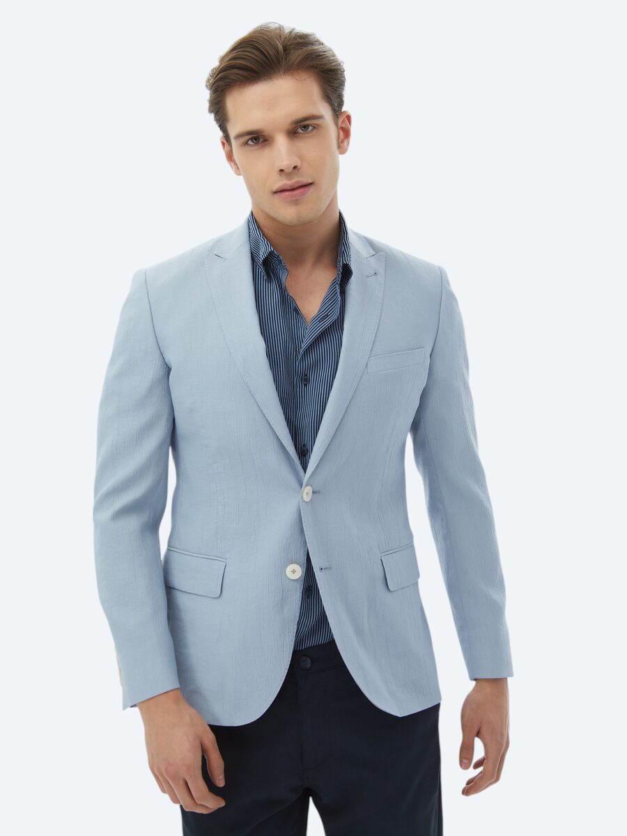Light Blue Plain Slim Fit Jacket - 1