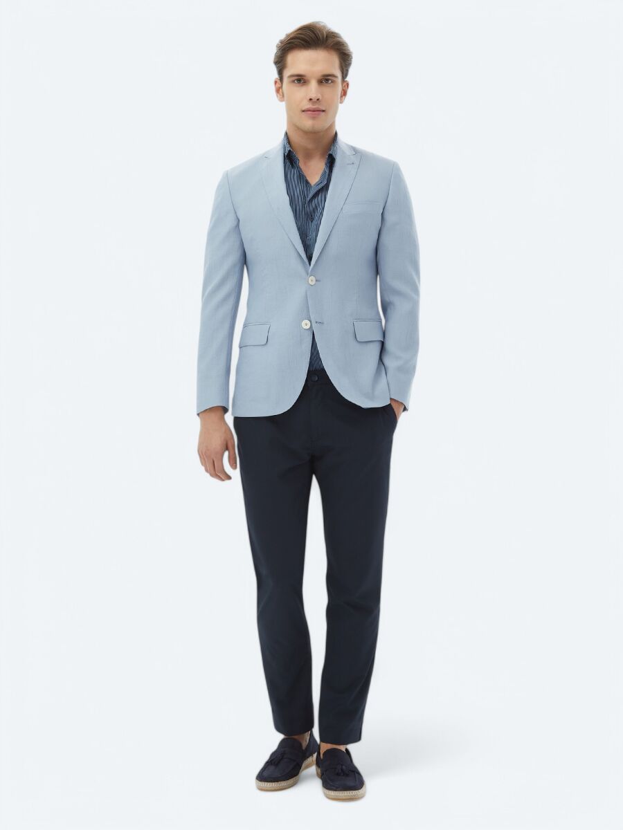 Light Blue Plain Slim Fit Jacket - 2