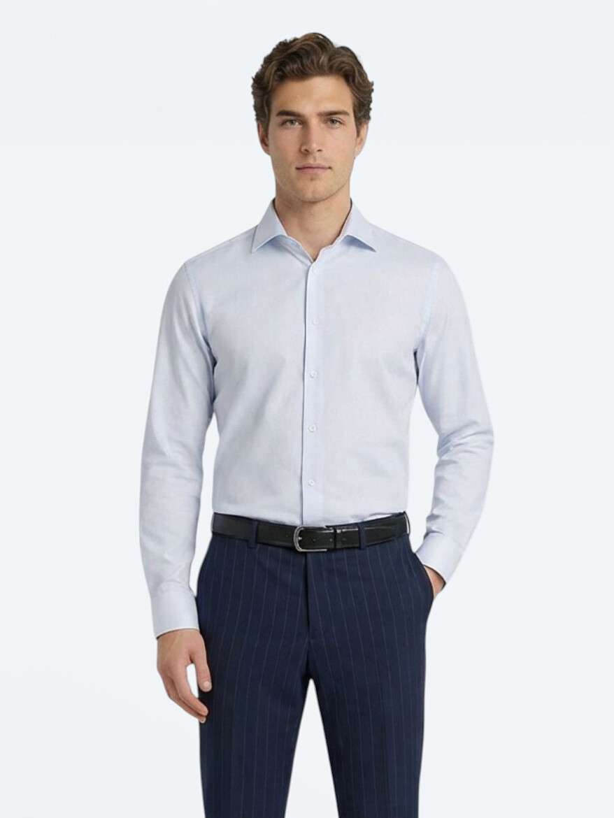 Light Blue Plain Slim Fit Long Weaving Classical 100% Cotton Shirt - 1