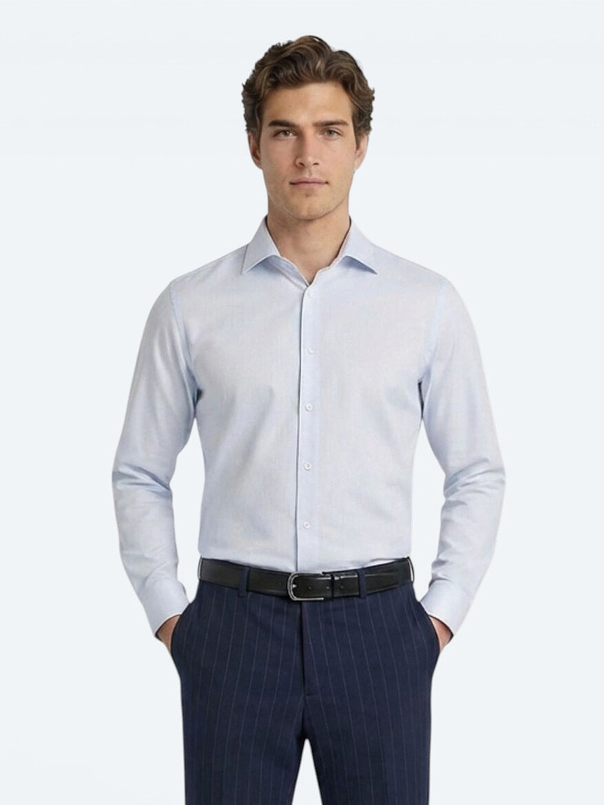 Light Blue Plain Slim Fit Long Weaving Classical 100% Cotton Shirt - 3
