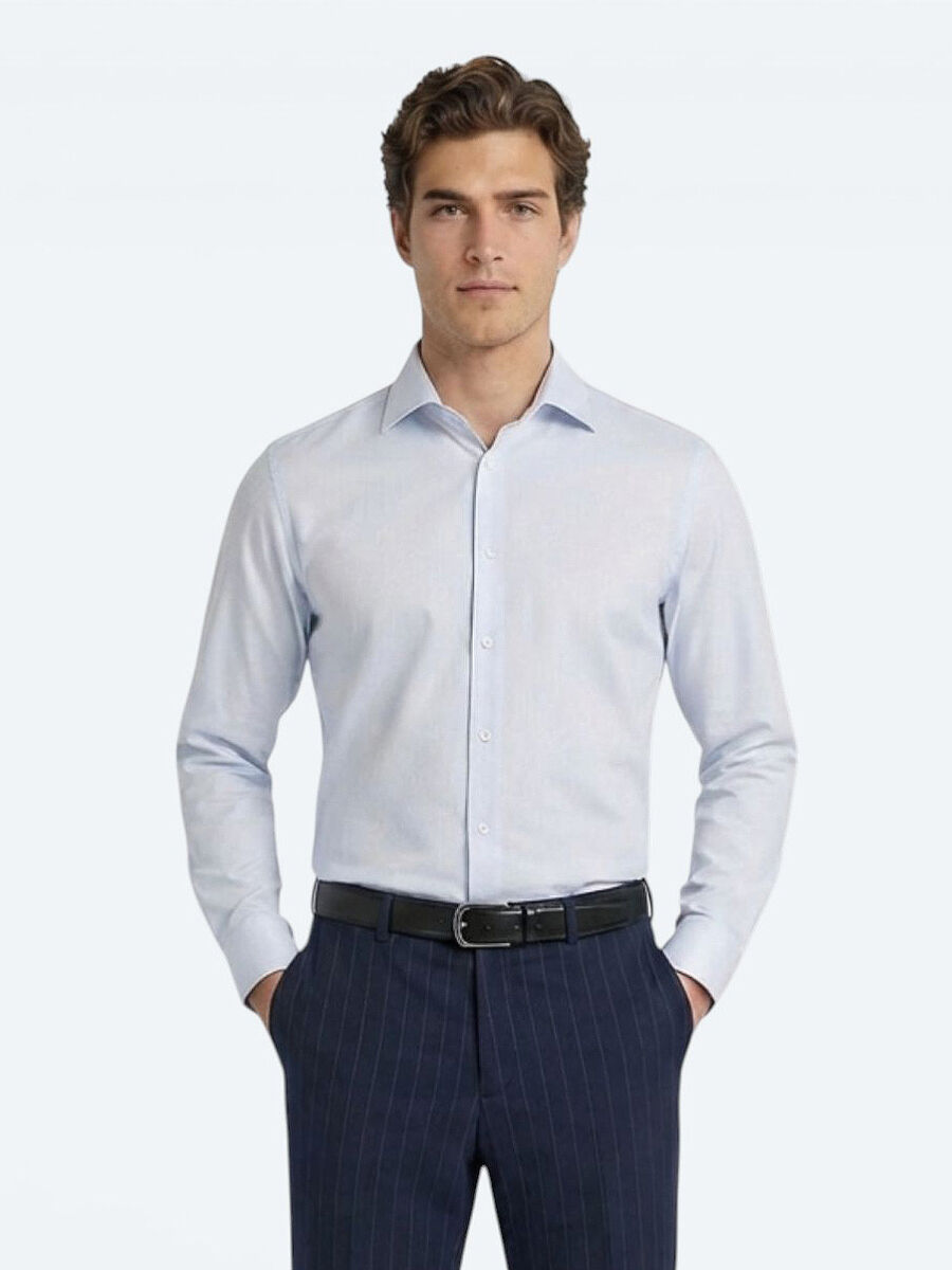 Light Blue Plain Slim Fit Long Weaving Classical 100% Cotton Shirt - 3