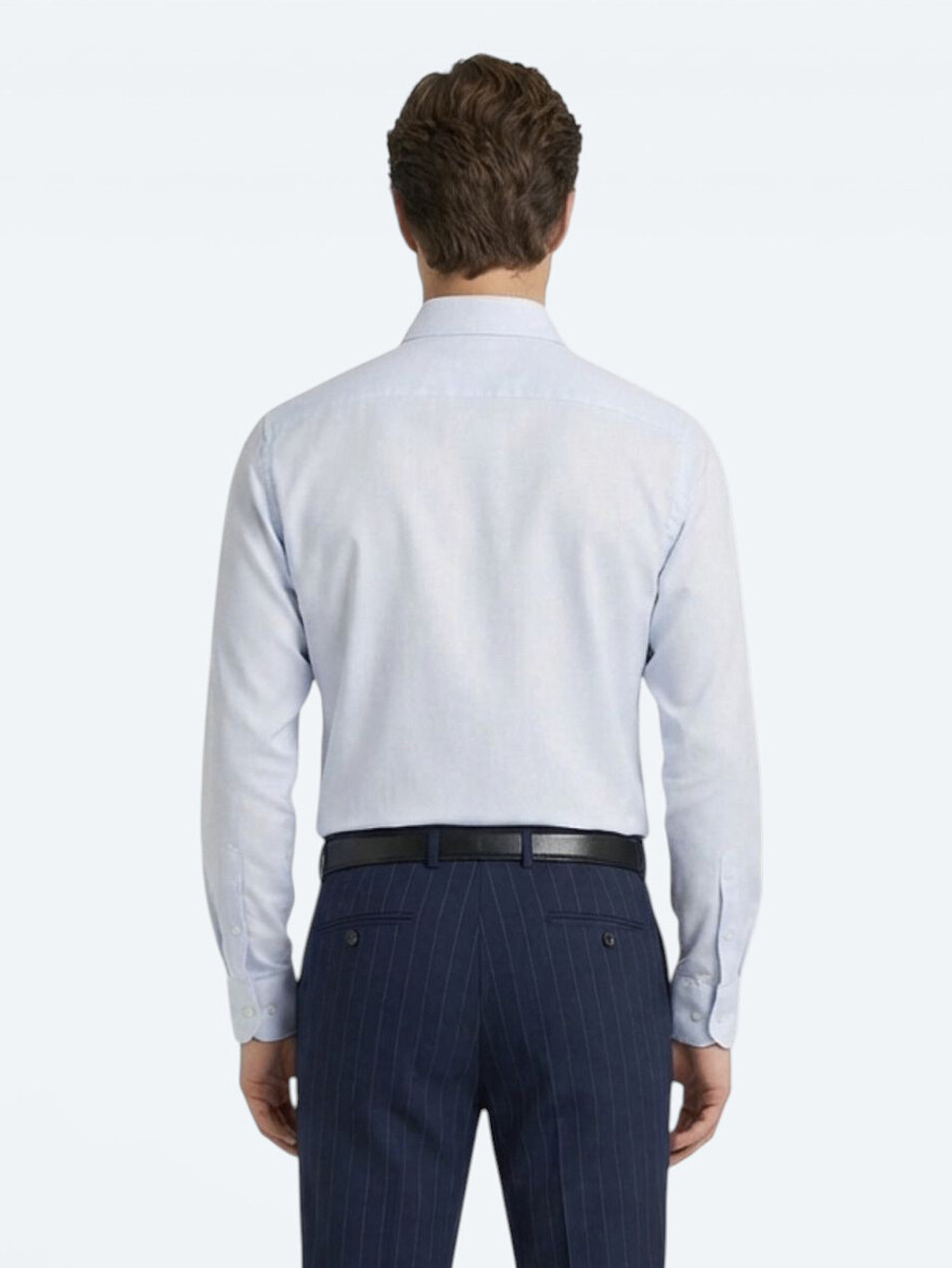 Light Blue Plain Slim Fit Long Weaving Classical 100% Cotton Shirt - 5