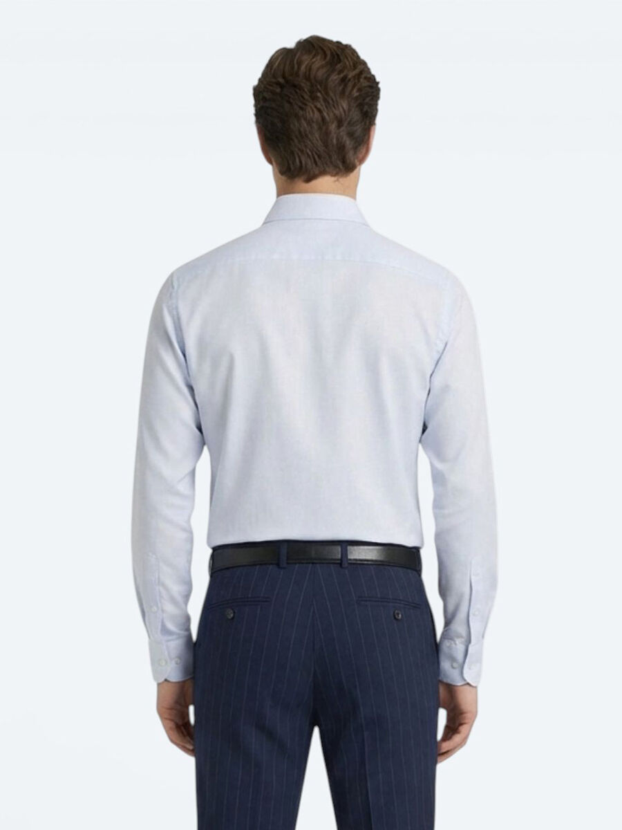 Light Blue Plain Slim Fit Long Weaving Classical 100% Cotton Shirt - 5