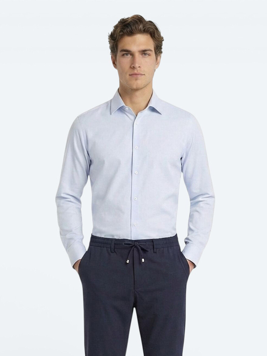 Light Blue Plain Slim Fit Long Weaving Classical Cotton Blended Shirt - 1