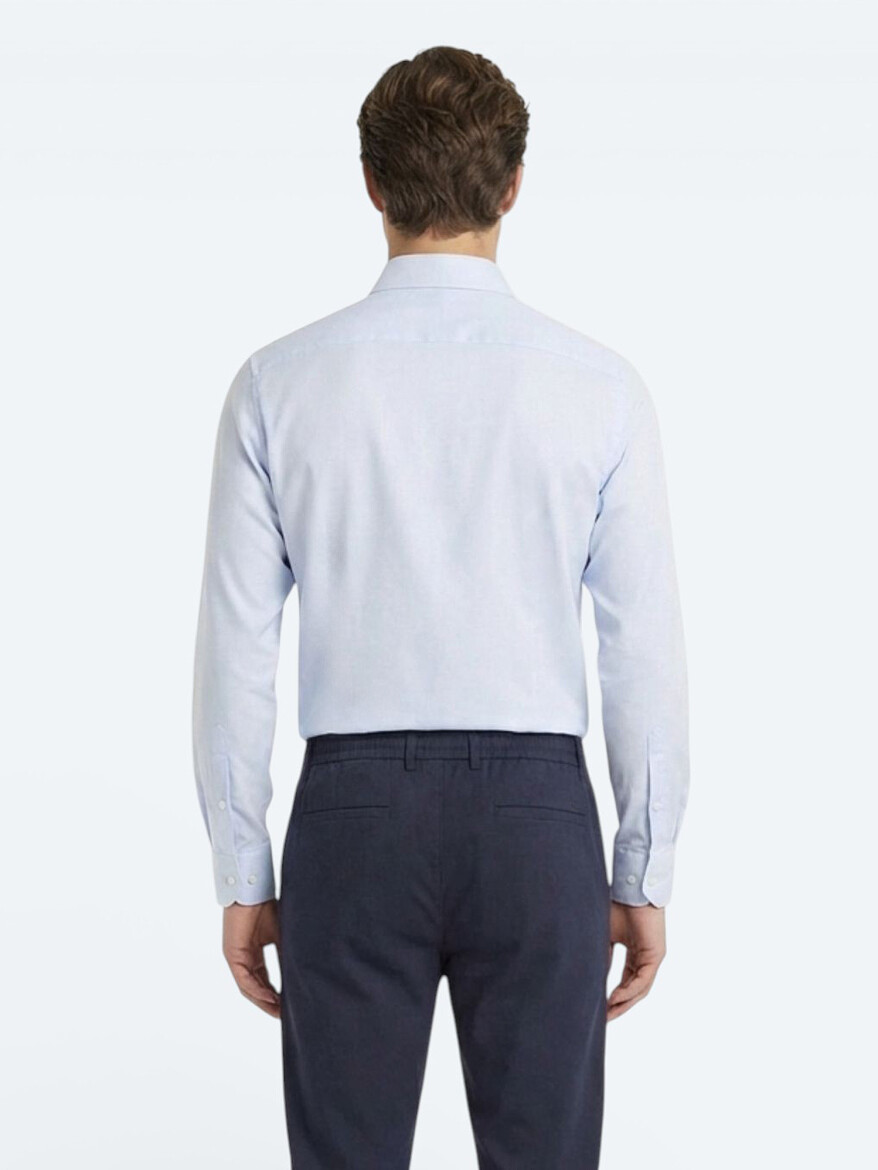 Light Blue Plain Slim Fit Long Weaving Classical Cotton Blended Shirt - 4