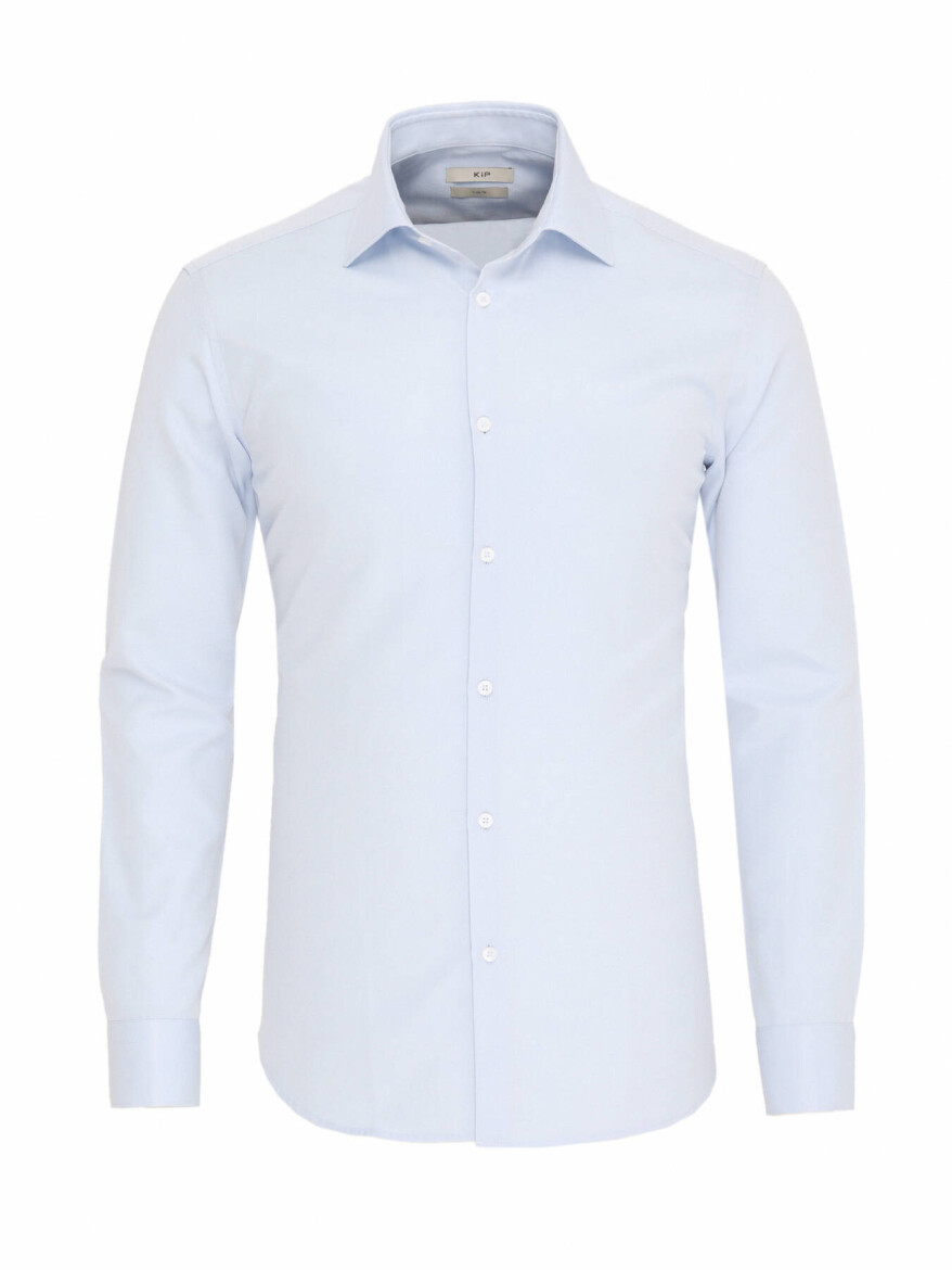 Light Blue Plain Slim Fit Long Weaving Classical Cotton Blended Shirt - 5