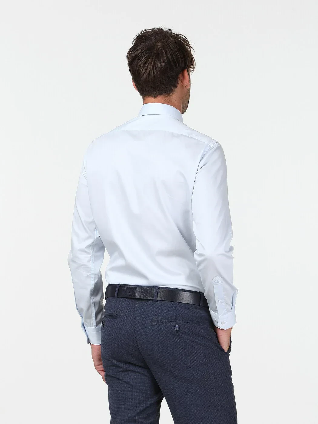 Light Blue Plain Slim Fit Weaving Classical 100% Cotton Shirt - 4