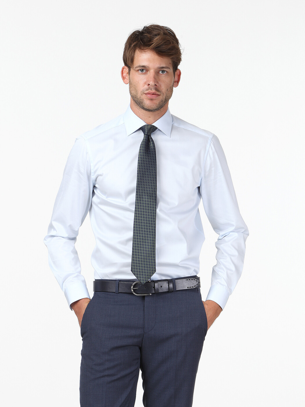 Light Blue Plain Slim Fit Weaving Classical 100% Cotton Shirt - 1