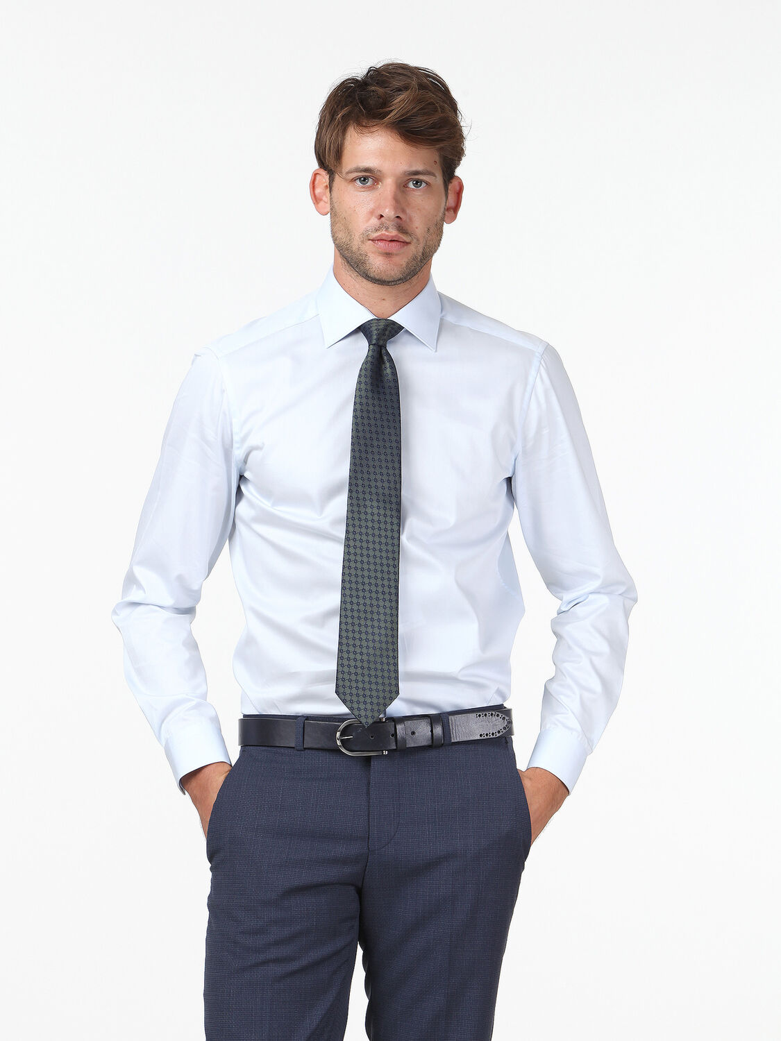 Light Blue Plain Slim Fit Weaving Classical 100% Cotton Shirt - 1