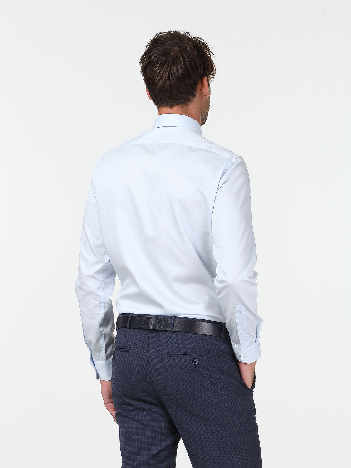 Light Blue Plain Slim Fit Weaving Classical 100% Cotton Shirt - 4