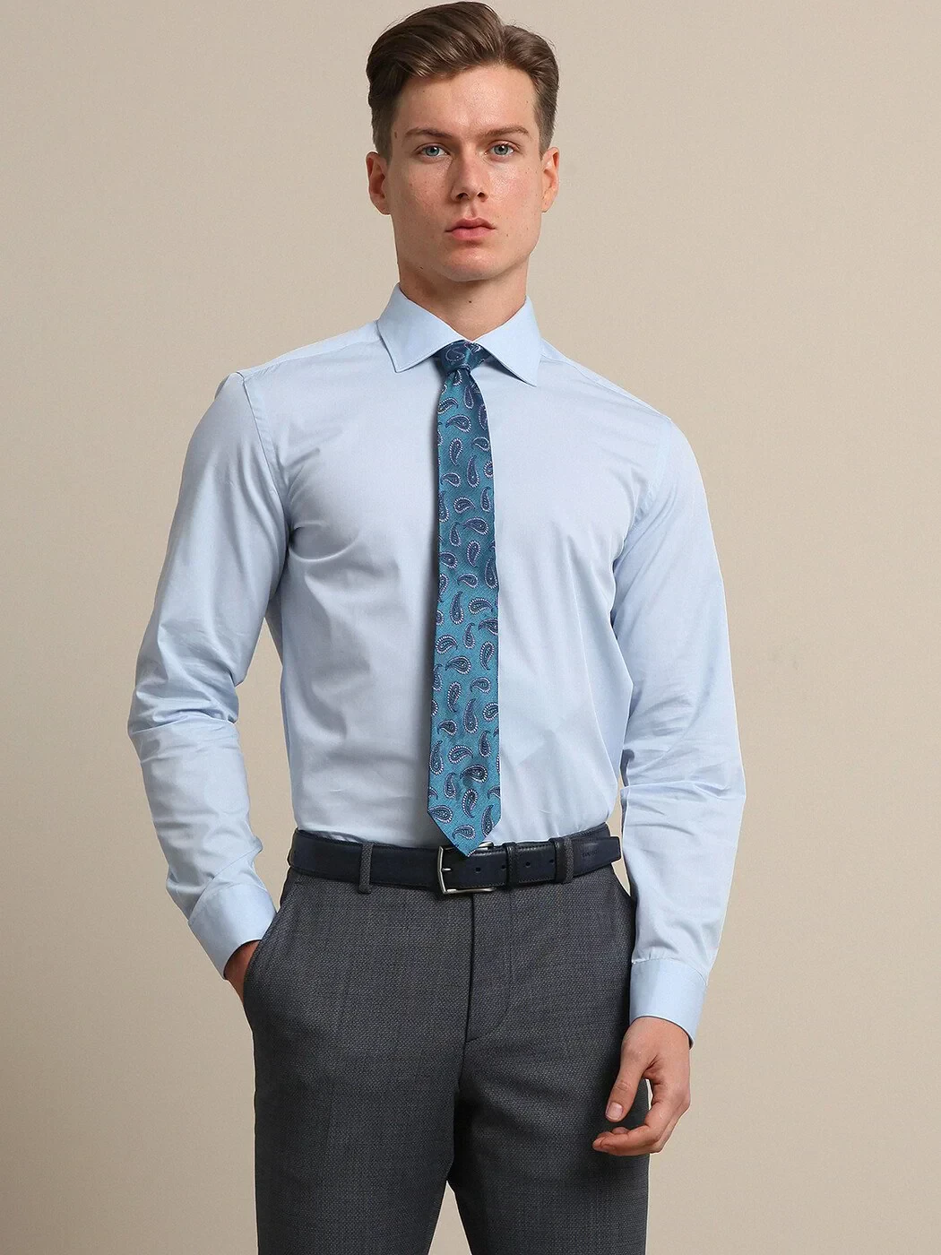 Light Blue Plain Slim Fit Weaving Classical 100% Cotton Shirt - 1
