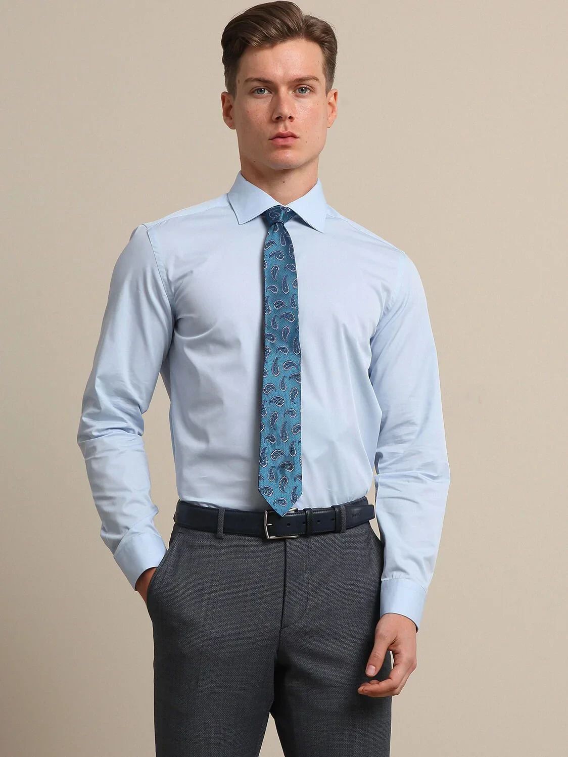 Light Blue Plain Slim Fit Weaving Classical 100% Cotton Shirt - 1