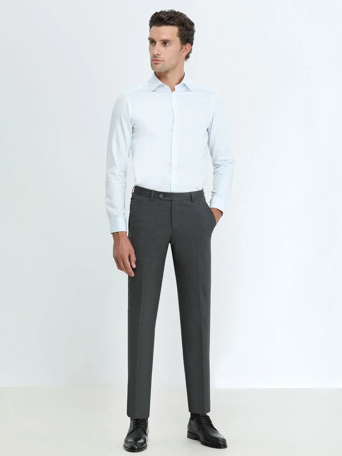 Light Blue Plain Slim Fit Weaving Classical 100% Cotton Shirt - 2