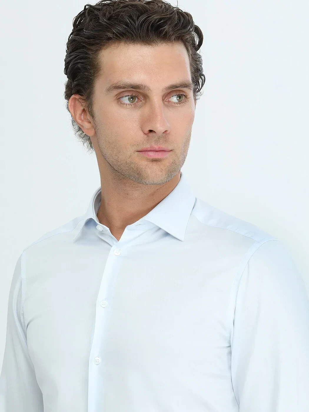 Light Blue Plain Slim Fit Weaving Classical 100% Cotton Shirt - 3