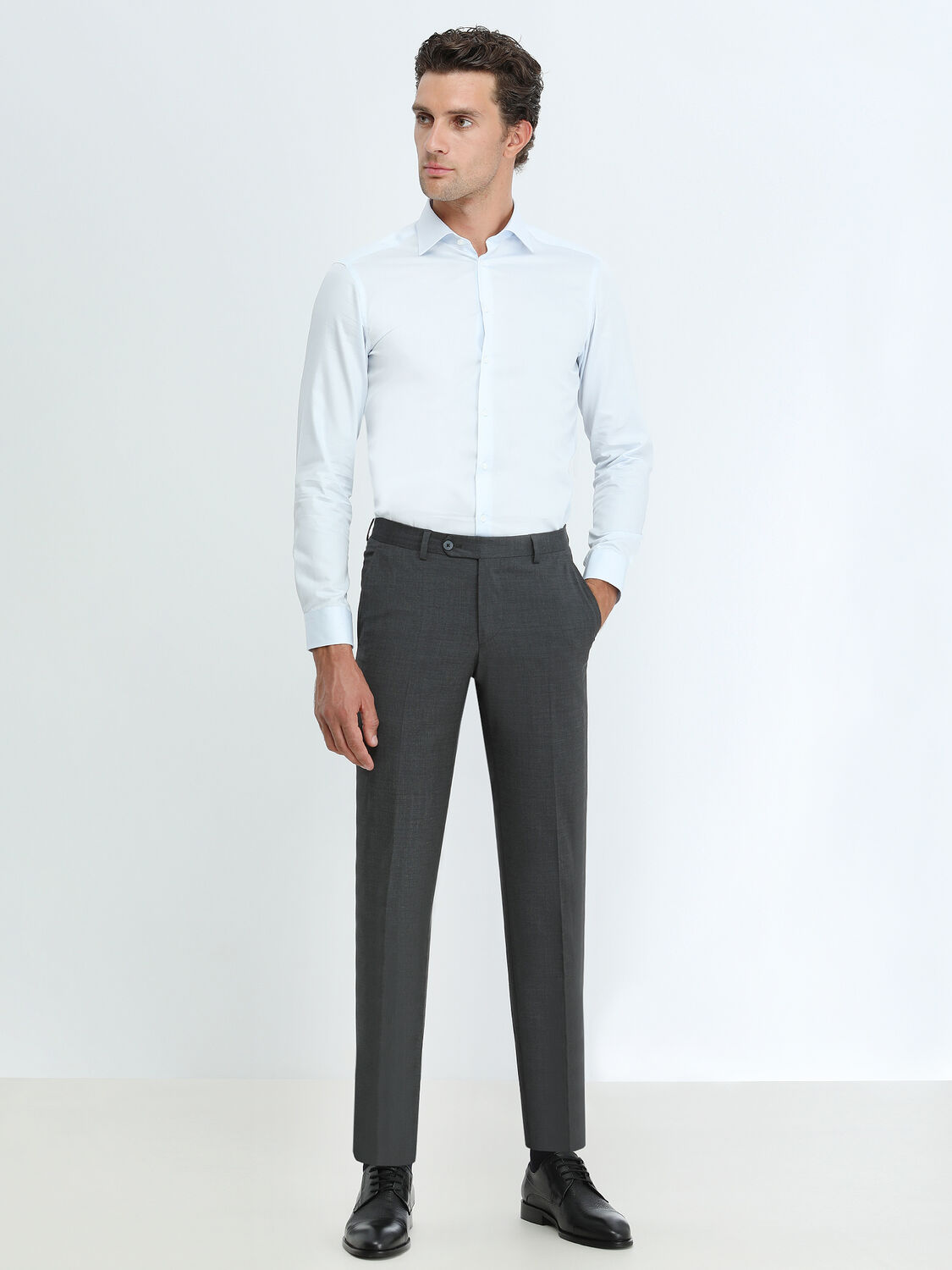 Light Blue Plain Slim Fit Weaving Classical 100% Cotton Shirt - 2