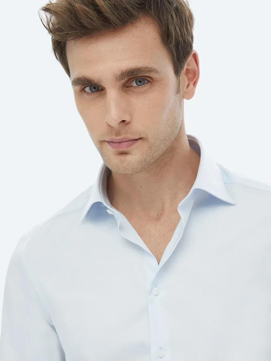 Light Blue Plain Slim Fit Weaving Classical 100% Cotton Shirt - 4