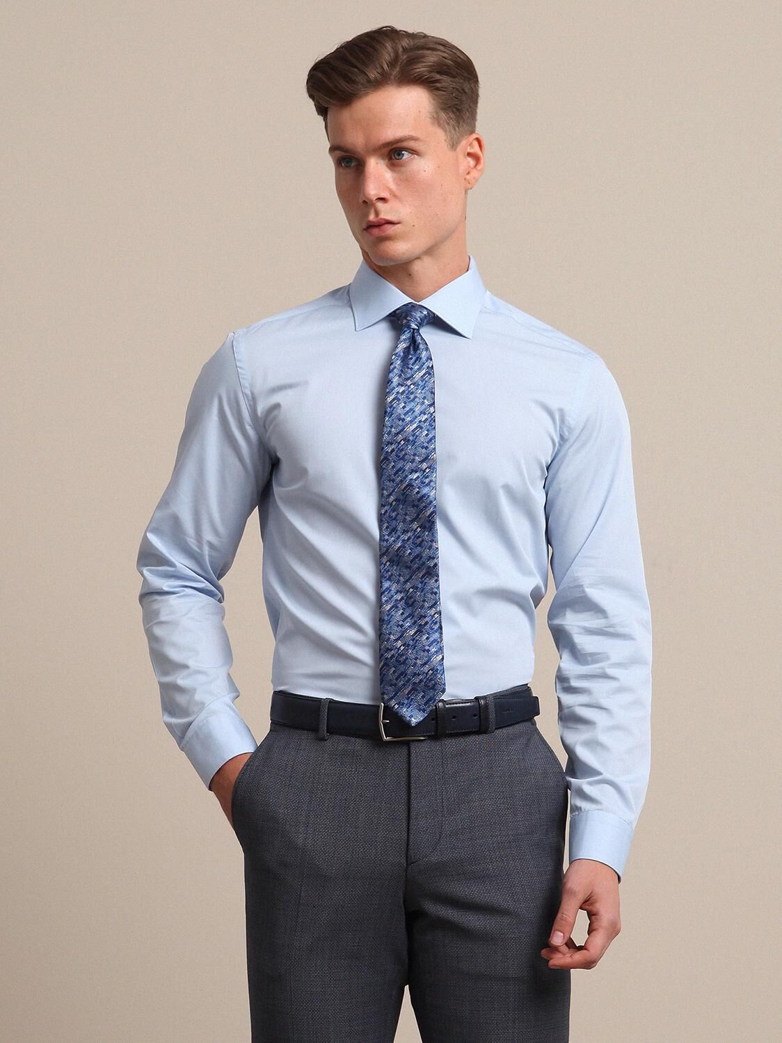 Light Blue Plain Slim Fit Weaving Classical Cotton Blended Shirt - 3