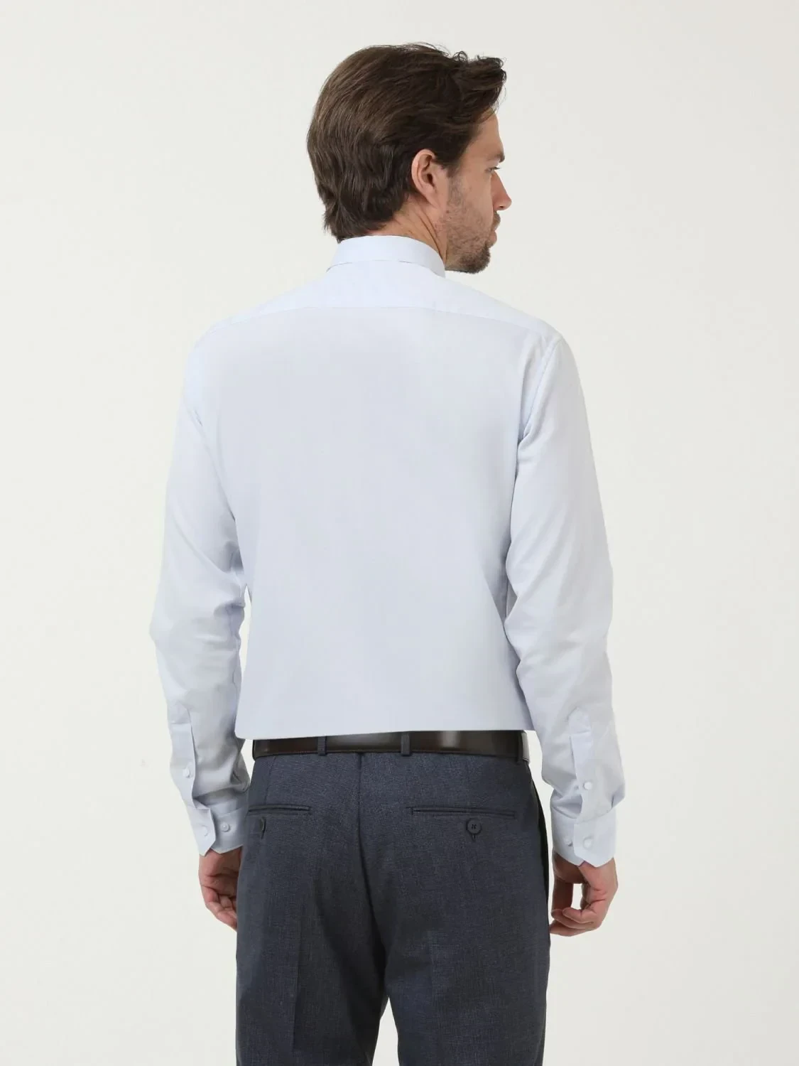Light Blue Plain Slim Fit Weaving Classical Cotton Blended Shirt - 4