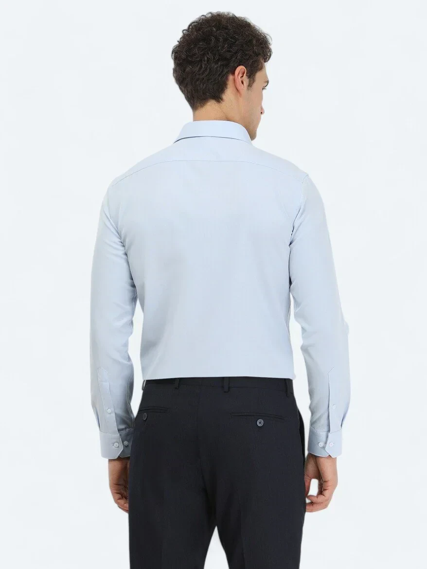 Light Blue Plain Slim Fit Weaving Classical Cotton Blended Shirt 