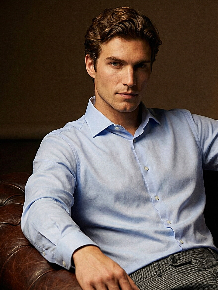 Light Blue Plain Slim Fit Weaving Classical Cotton Blended Shirt - 5